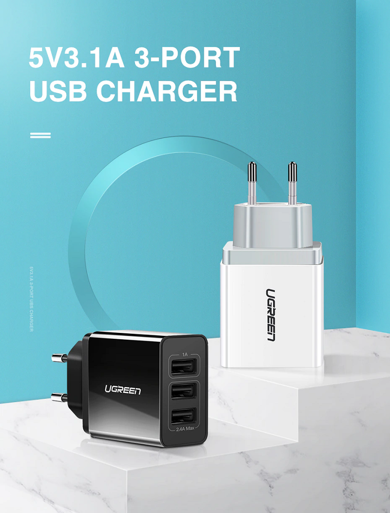 50816 Củ sạc UGREEN 3 cổng USB Charger 5V/3.1A (Black)